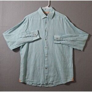 Report Collection Resort Shirt Men L Seafoam 100% Linen Long Sleeve Button Up